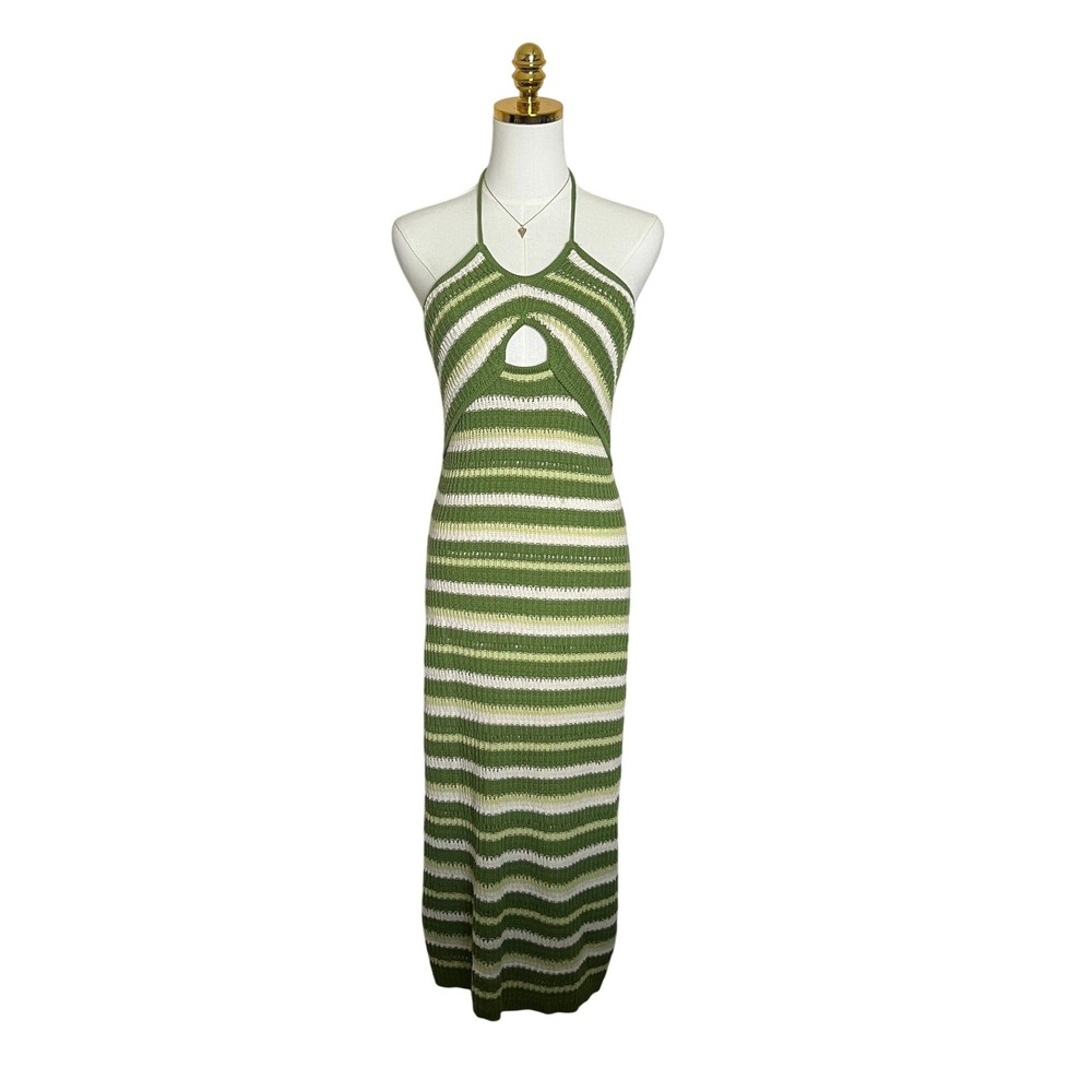 Sincerely Jules Green Striped Crochet Halter Midi Dress Keyhole Cutout Size M